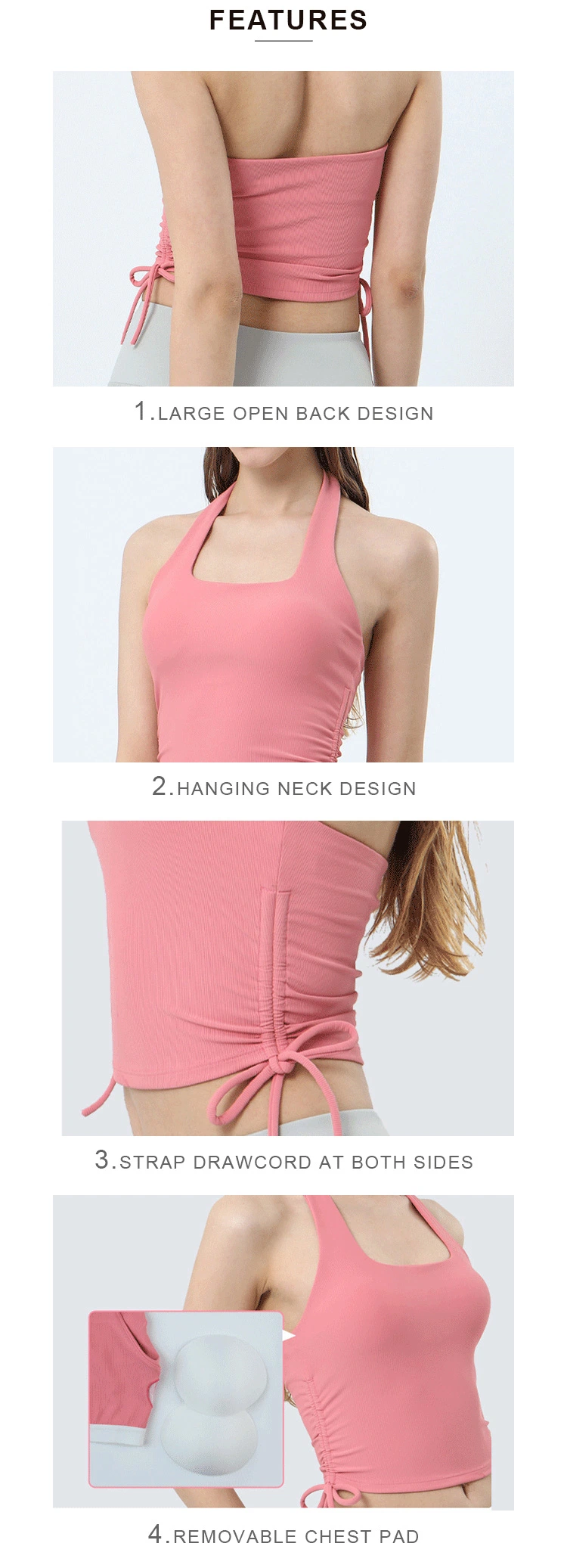 Women New Backless Yoga Vest Drawcord Sports Vest Build-in Padding Hanging Neck Running Sports Fitness Vest