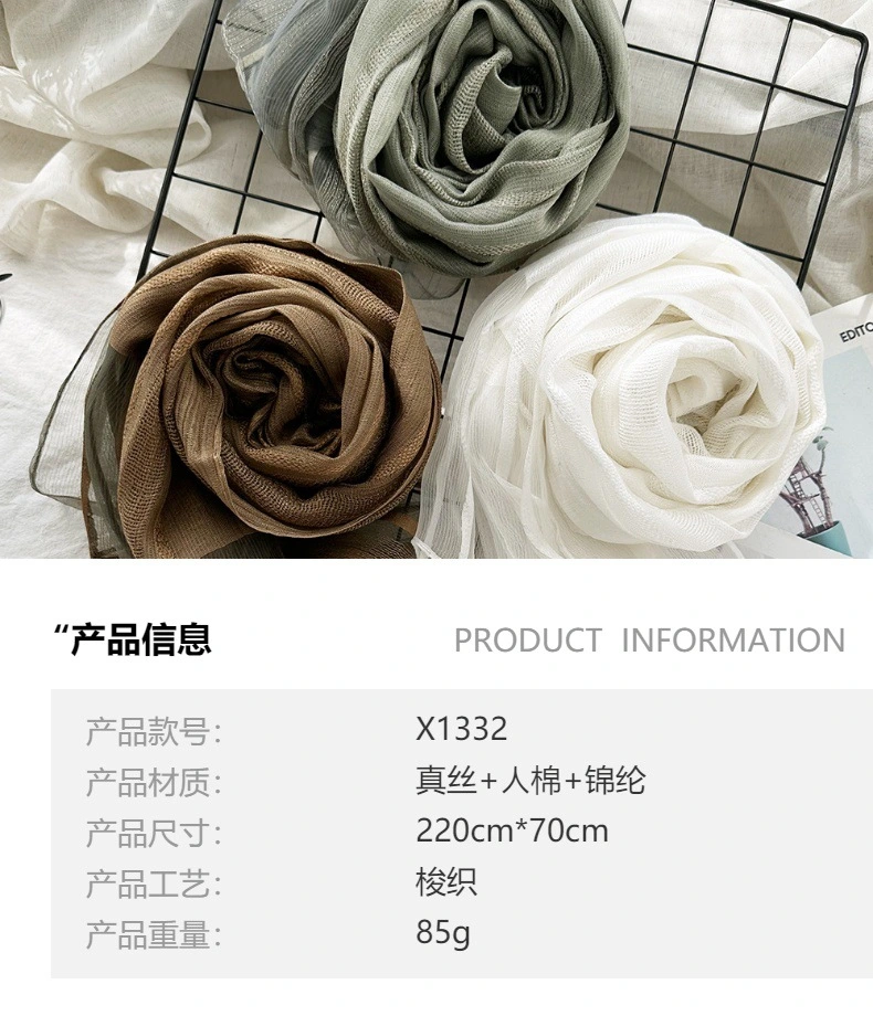 New Korean Pure Silk Acrylic Fiber Hijab Women′s Long Scarf Fashion Autumn Sunscreen Shawl and Scarves